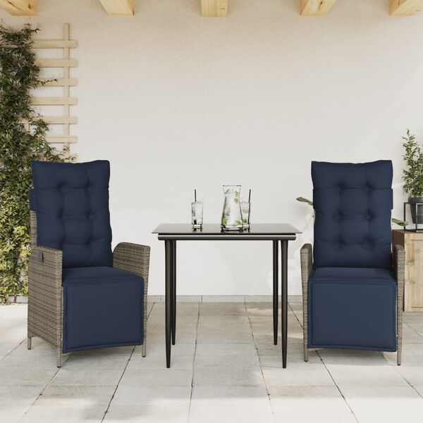 vidaXL 3 Piece Garden Dining Set with Cushions Grey Poly Rattan