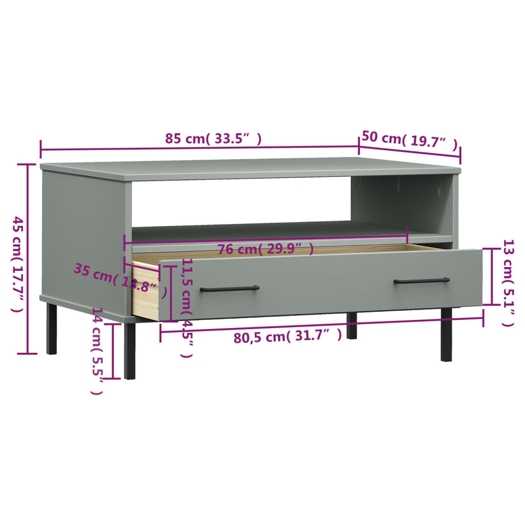 vidaXL Coffee Table with Metal Legs Grey 85x50x45 cm Solid Wood OSLO