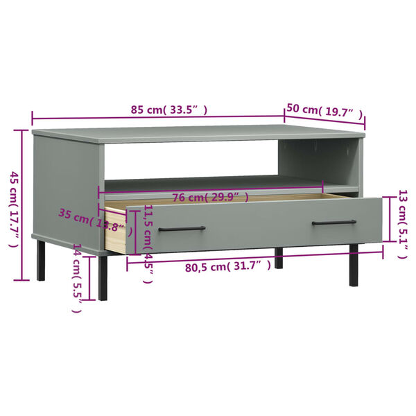 vidaXL Coffee Table with Metal Legs Grey 85x50x45 cm Solid Wood OSLO