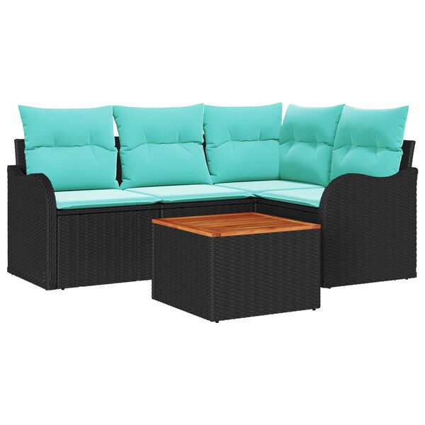 vidaXL 5 Piece Garden Sofa Set with Cushions Black Poly Rattan Acacia