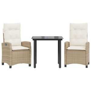vidaXL 3 Piece Garden Dining Set with Cushions Beige Poly Rattan