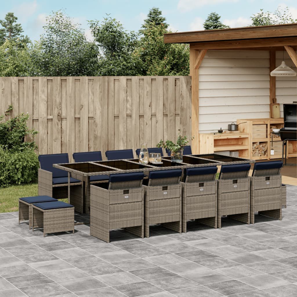 vidaXL 15 Piece Garden Dining Set with Cushions Grey Poly Rattan