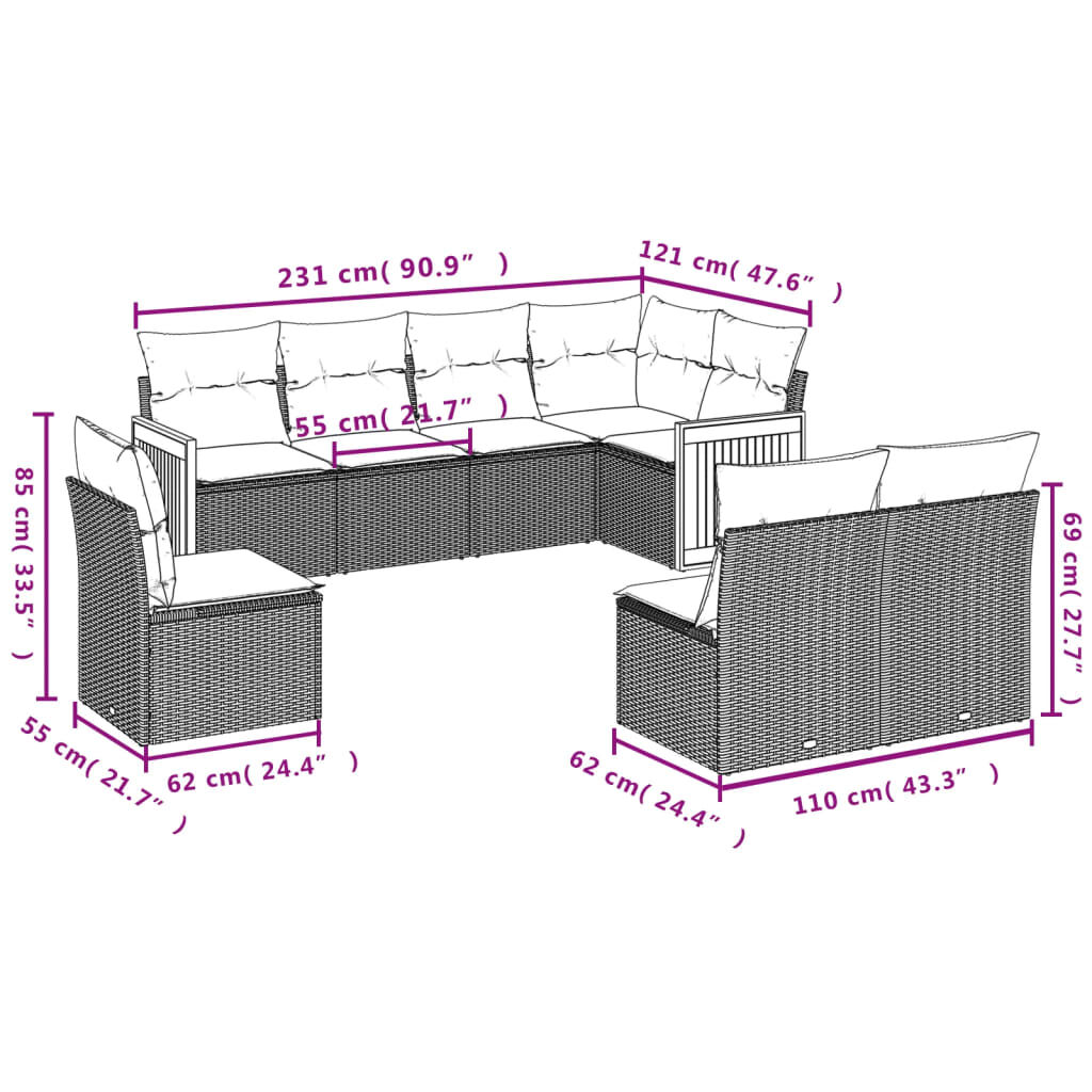 vidaXL 8 Piece Garden Sofa Set with Cushions Beige Poly Rattan