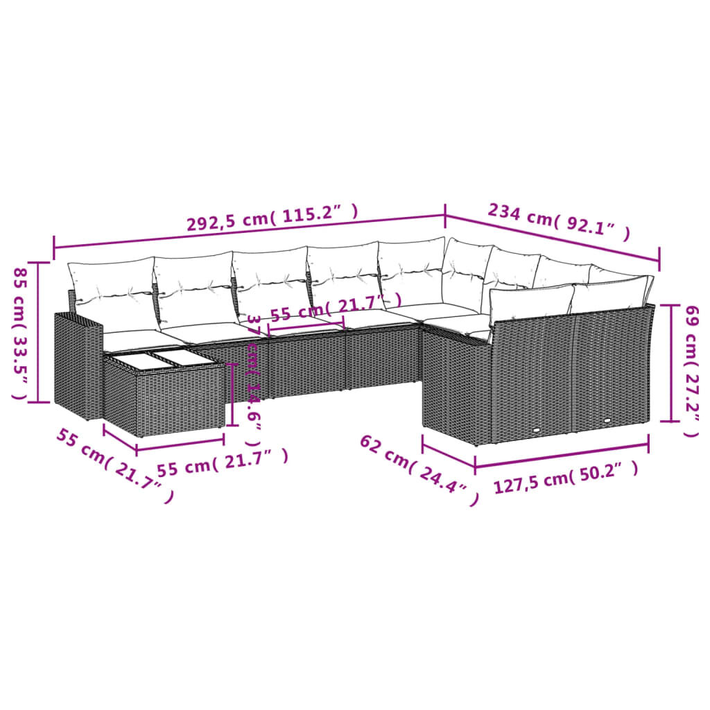 vidaXL 10 Piece Garden Sofa Set with Cushions Black Poly Rattan