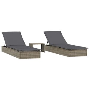 vidaXL Sunbeds 2 pcs with Table Grey Poly Rattan