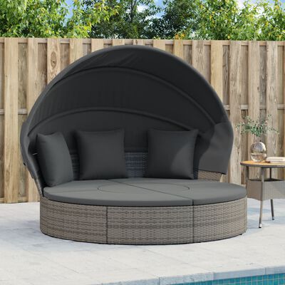 vidaXL Outdoor Lounge Bed with Canopy and Cushions Grey Poly Rattan