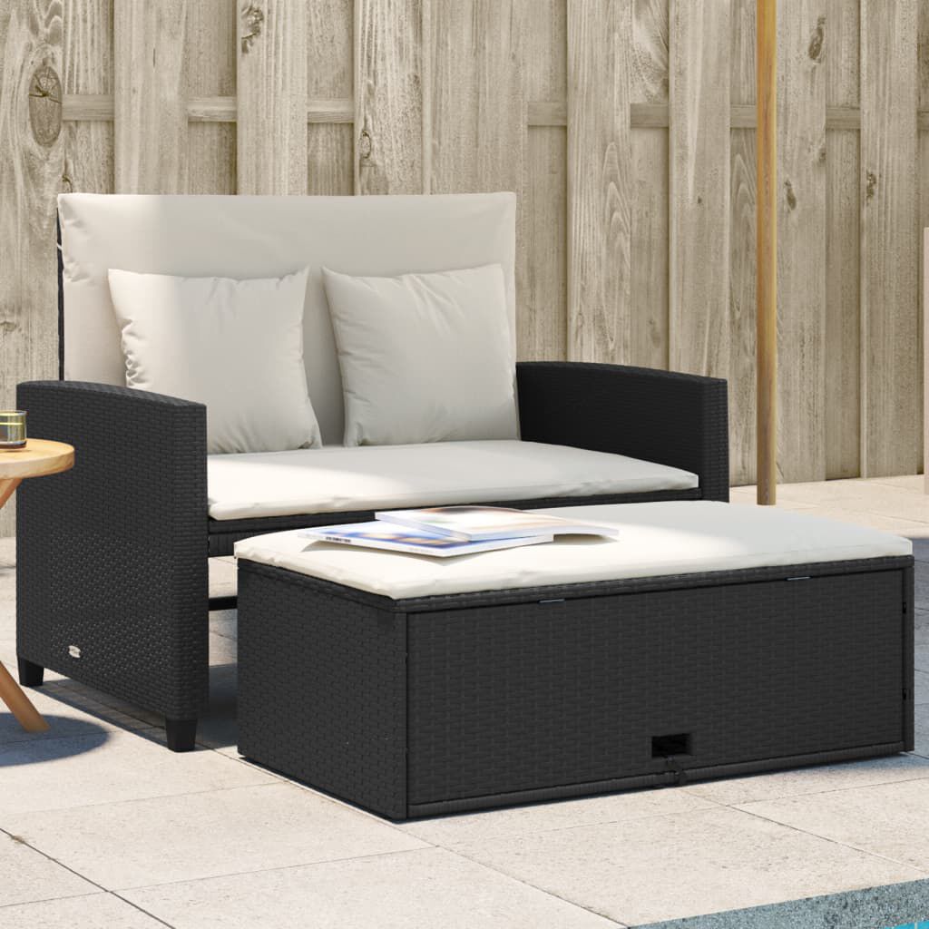 vidaXL Garden Sofa with Cushions 2-Seater Black Poly Rattan