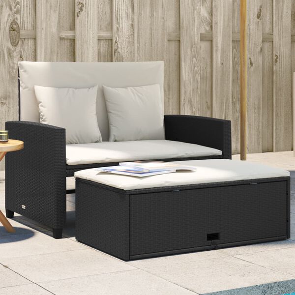vidaXL Garden Sofa with Cushions 2-Seater Black Poly Rattan