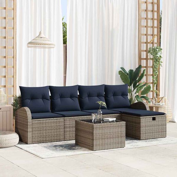 vidaXL Sofa Set with Cushion with Storage Grey and Navy Poly Rattan