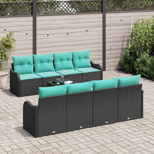 vidaXL Sofa Set with Cushion 9 pcs Black Poly Rattan