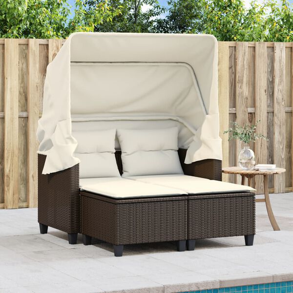 vidaXL Garden Sofa 2-Seater with Canopy and Stools Brown Poly Rattan