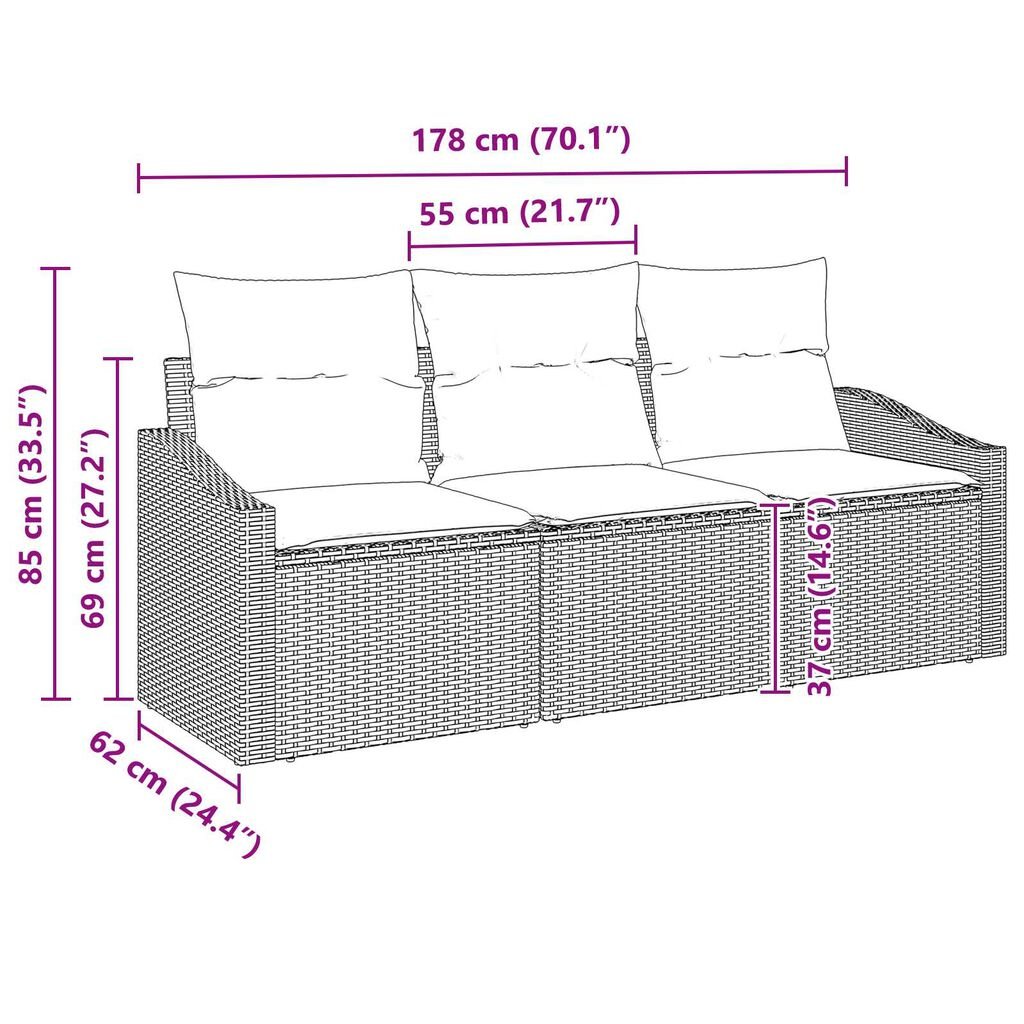 vidaXL 3 Piece Garden Sofa Set with Cushions Brown Poly Rattan