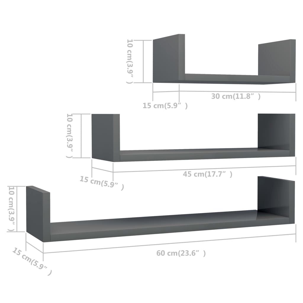 vidaXL Wall Display Shelf 3 pcs High Gloss Grey Engineered Wood