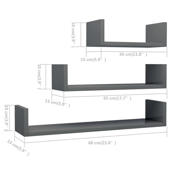 vidaXL Wall Display Shelf 3 pcs High Gloss Grey Engineered Wood