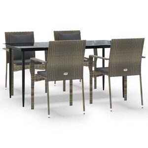 vidaXL 5 Piece Garden Dining Set with Cushions Black and Grey Poly Rattan