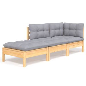vidaXL 3 Piece Garden Lounge Set with Grey Cushions Solid Wood Pine