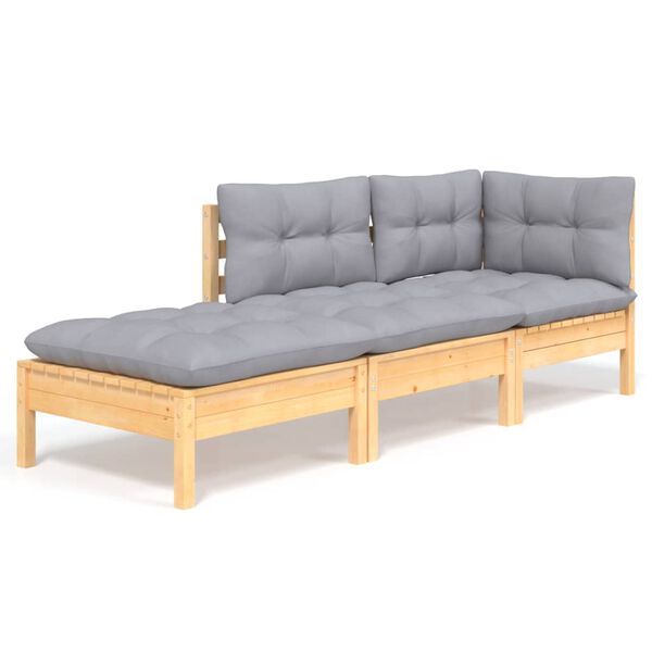 vidaXL 3 Piece Garden Lounge Set with Grey Cushions Solid Wood Pine