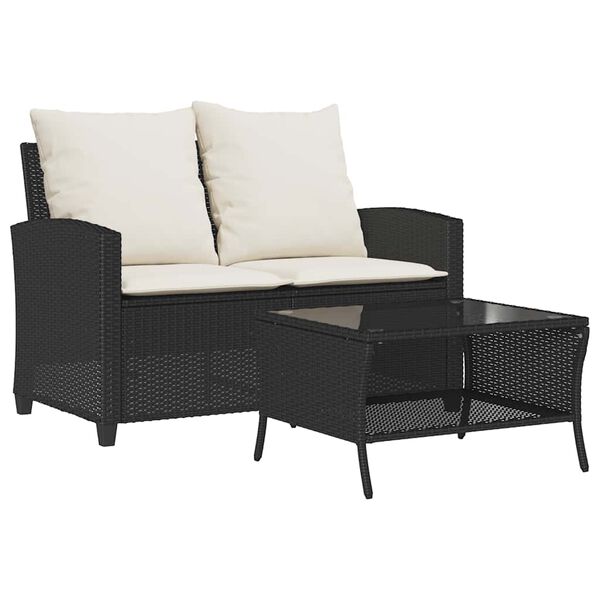 vidaXL Garden Sofa 2-Seater with Cushions&Table Black Poly Rattan