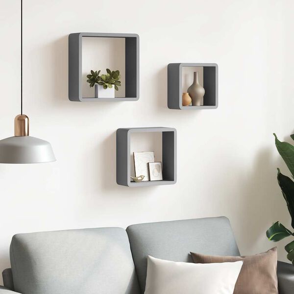 vidaXL Wall Cube Shelves 3 pcs Grey MDF
