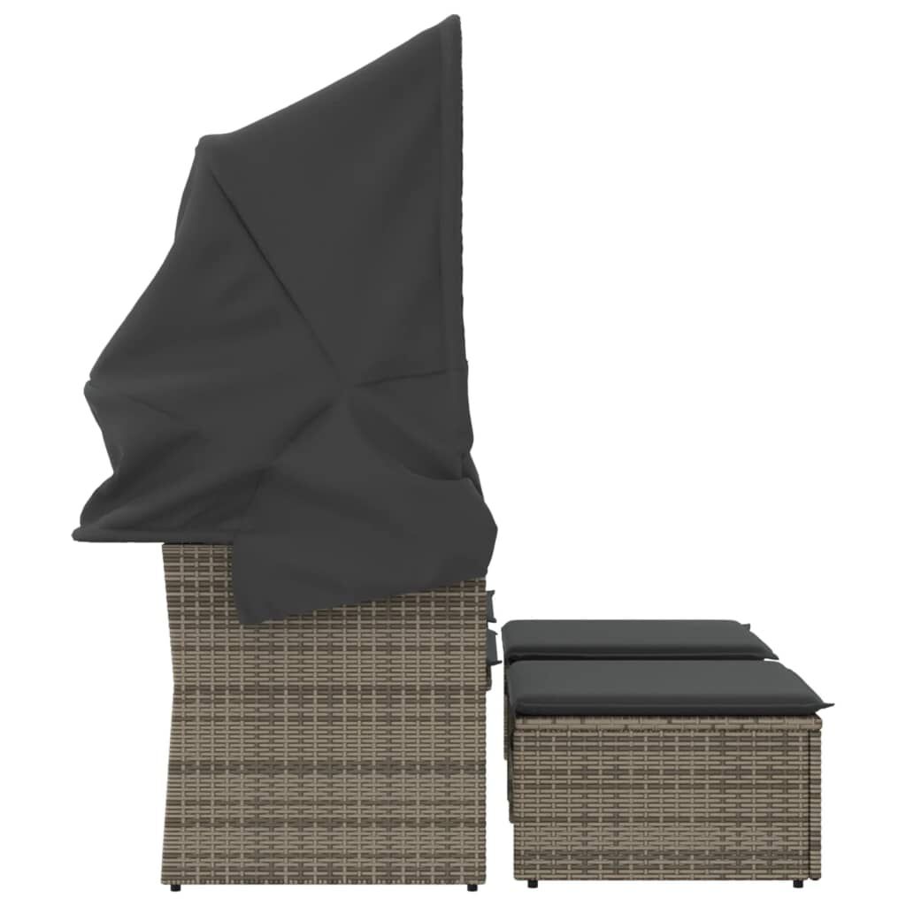 vidaXL Garden Sofa 2-Seater with Canopy and Stools Grey Poly Rattan