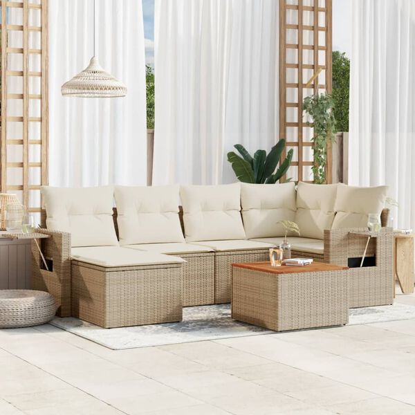 vidaXL 7 Piece Garden Sofa Set with Cushions Beige Poly Rattan
