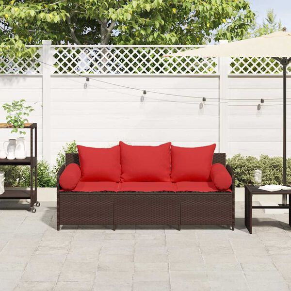 vidaXL Garden Sofa with Cushions 3-Seater Brown Poly Rattan