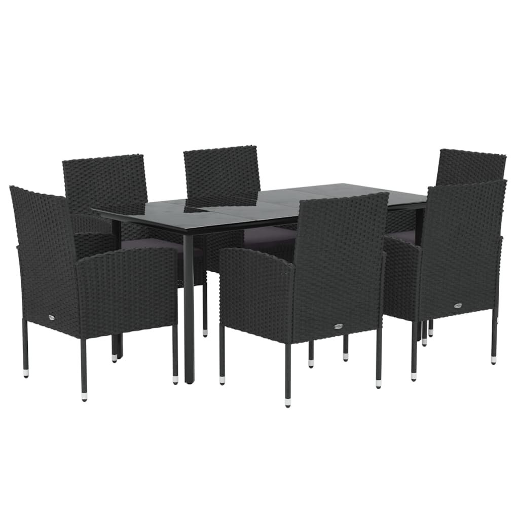 vidaXL 7 Piece Garden Dining Set with Cushions Black Poly Rattan