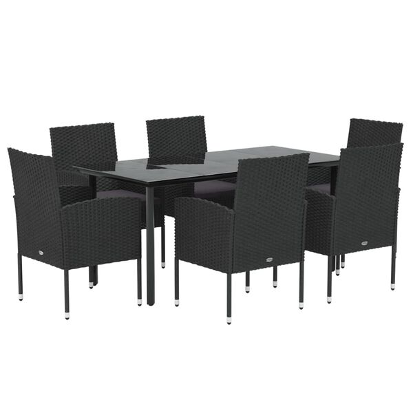vidaXL 7 Piece Garden Dining Set with Cushions Black Poly Rattan