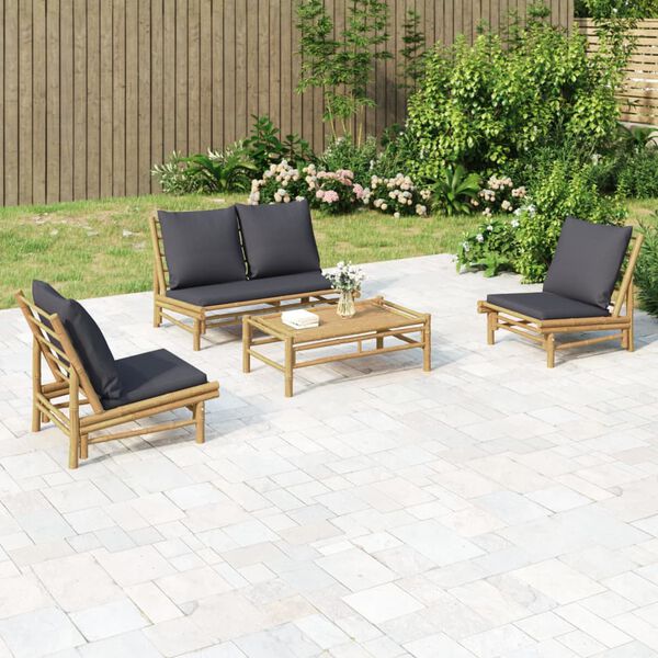 vidaXL 4 Piece Garden Lounge Set with Dark Grey Cushions Bamboo