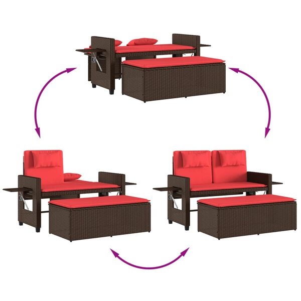 vidaXL Reclining Garden Bench with Cushions Brown Poly Rattan