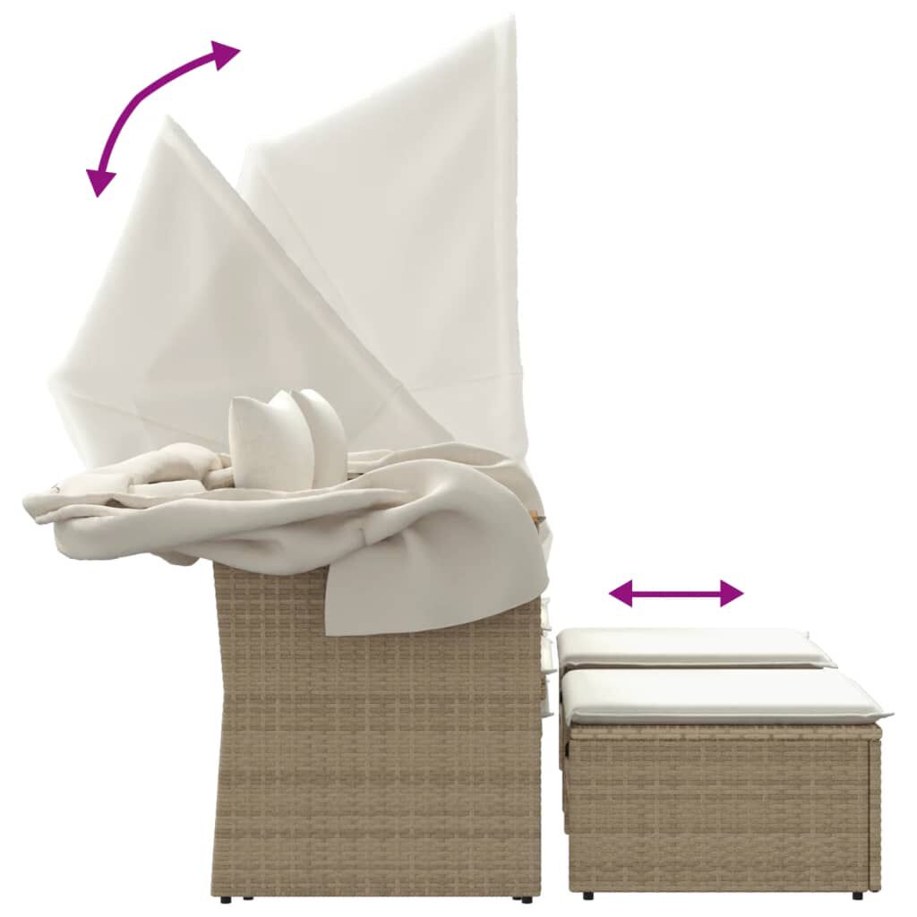 vidaXL Garden Sofa 2-Seater with Canopy and Stools Beige Poly Rattan