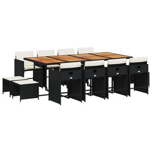vidaXL 13 Piece Garden Dining Set with Cushions Black Poly Rattan