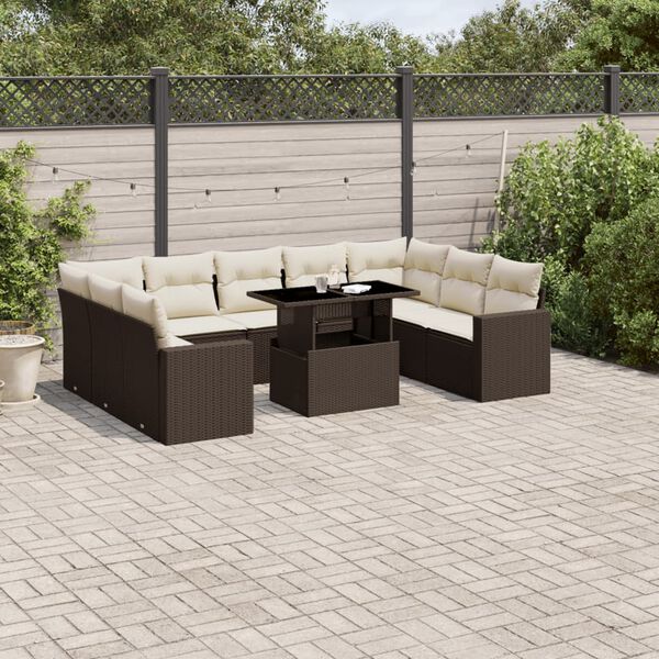 vidaXL 10 Piece Garden Sofa Set with Cushions Brown Poly Rattan