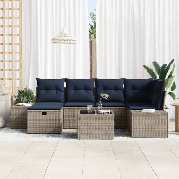 vidaXL Garden Sofa Set with Cushion 7 pcs Grey Poly Rattan
