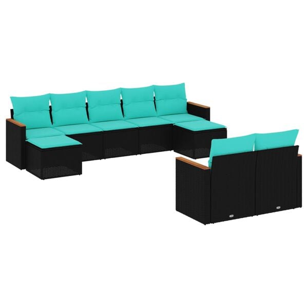 vidaXL 9 Piece Garden Sofa Set with Cushions Black Poly Rattan