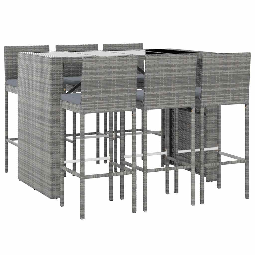 vidaXL 7 Piece Garden Bar Set with Cushions Grey Poly Rattan