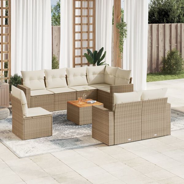 vidaXL 9 Piece Garden Sofa Set with Cushions Beige Poly Rattan