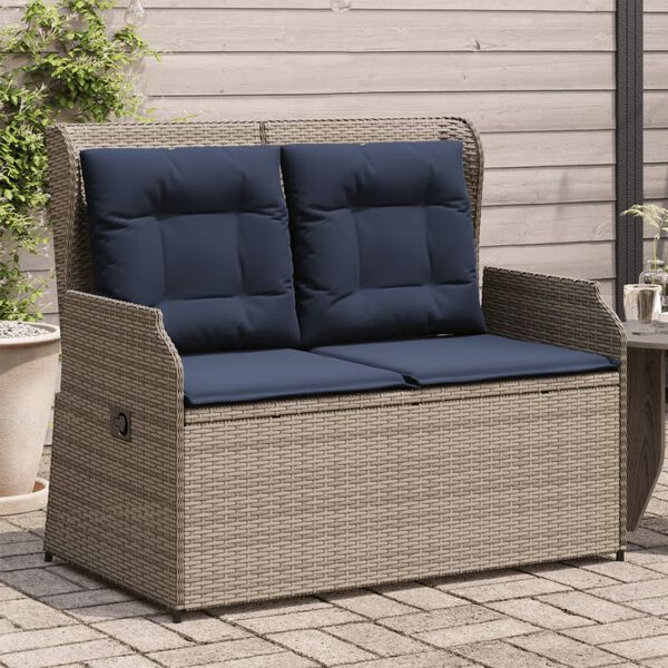 vidaXL Reclining Garden Bench with Cushions Grey Poly Rattan