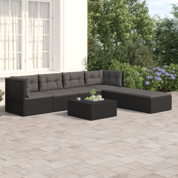 vidaXL 6 Piece Garden Lounge Set with Cushions Black Poly Rattan
