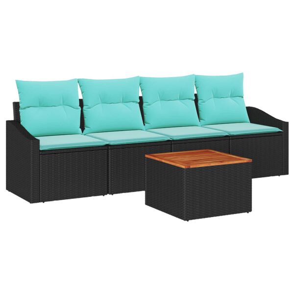 vidaXL 5 Piece Garden Sofa Set with Cushions Black Poly Rattan Acacia