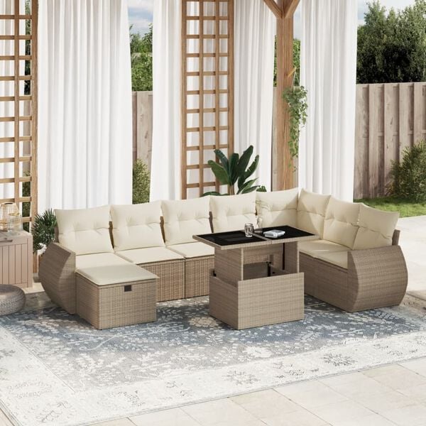 vidaXL 9 Piece Garden Sofa Set with Cushions Beige Poly Rattan