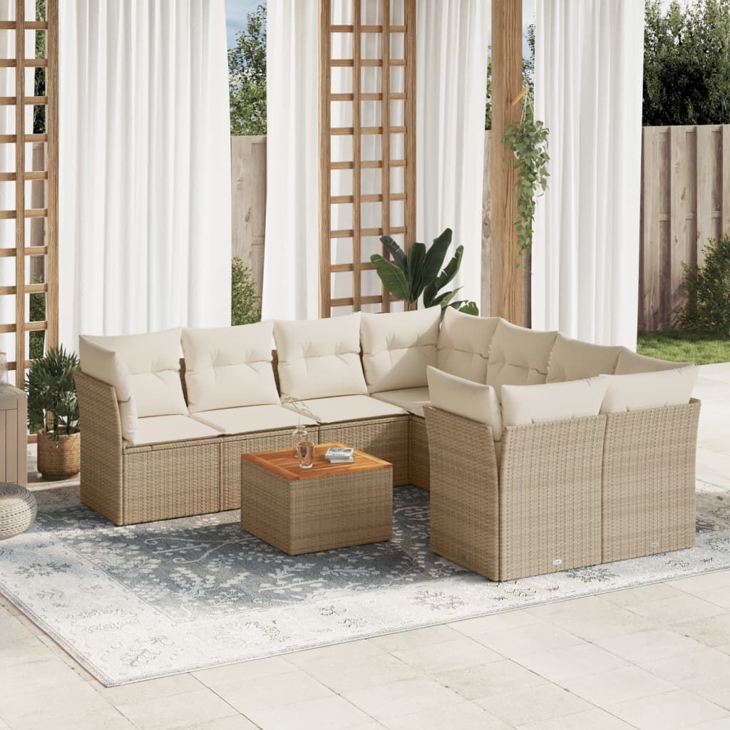 vidaXL 9 Piece Garden Sofa Set with Cushions Beige Poly Rattan