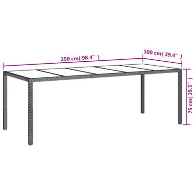 vidaXL Garden Table Grey 250x100x75 cm Tempered Glass and Poly Rattan