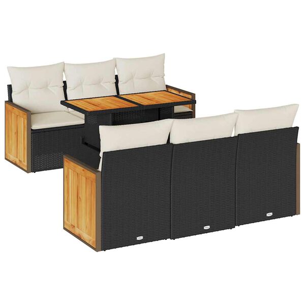 vidaXL 7 Piece Garden Sofa Set with Cushions Black Poly Rattan Acacia
