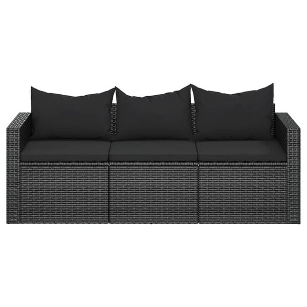 vidaXL 3-Seater Garden Sofa with Cushions Black Poly Rattan