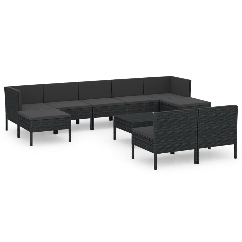 vidaXL 10 Piece Garden Lounge Set with Cushions Poly Rattan Black