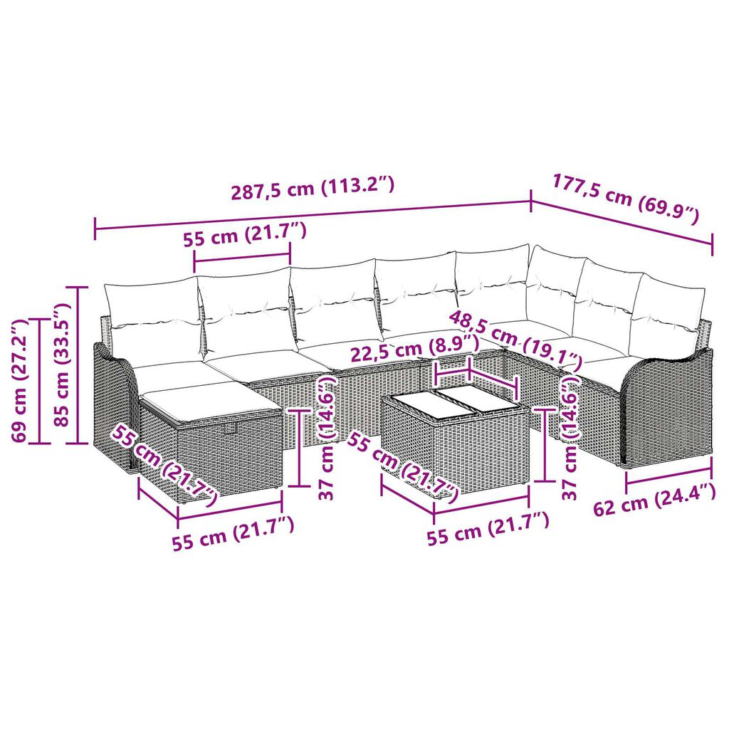 vidaXL 9 Piece Garden Sofa Set with Cushions Grey Poly Rattan