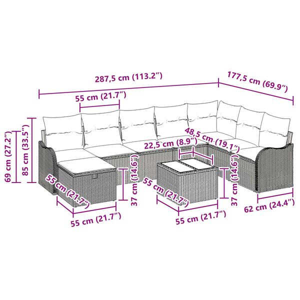 vidaXL 9 Piece Garden Sofa Set with Cushions Grey Poly Rattan