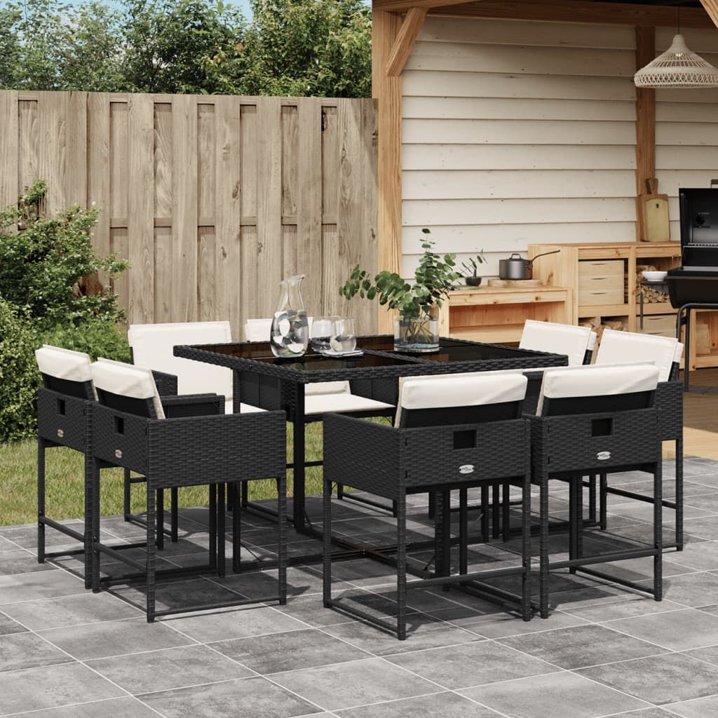 vidaXL 9 Piece Garden Dining Set with Cushions Black Poly Rattan