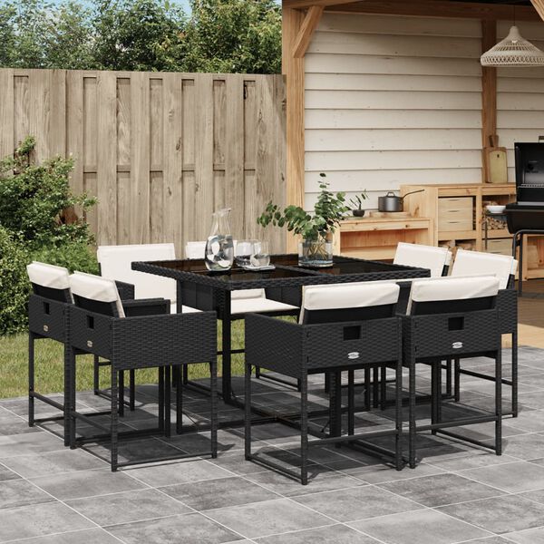 vidaXL 9 Piece Garden Dining Set with Cushions Black Poly Rattan